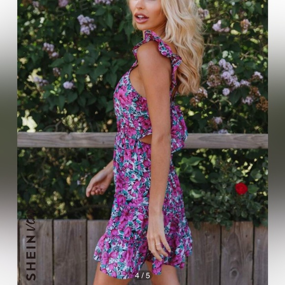 SHEIN VCAY Purple & Blue Floral Print Ruffled Self-Tie Cut Out Mini Dress - Picture 4 of 12